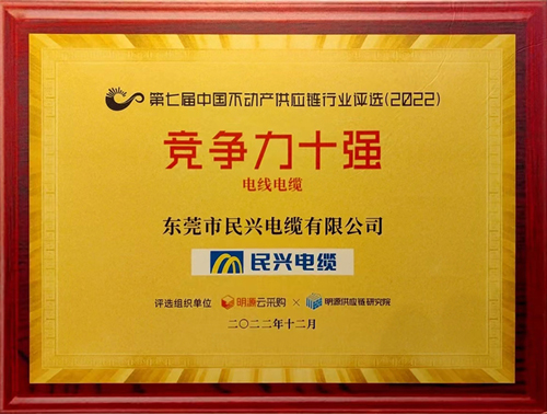 莞企彩运网电缆荣登2022年中国不动产供应链行业竞争力十强